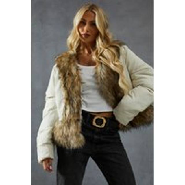 Womens Faux Fur Trim Puffer Coat - White - 6