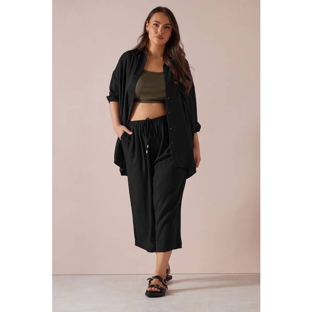 Yours Curve Black Wide Leg Ankle Grazer Linen Trousers, Women's Curve & Plus Size, Yours - 30-32