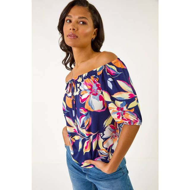 Floral Print Bardot Stretch Top - Navy - 14
