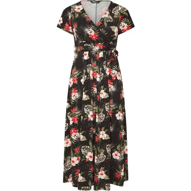 Yours Curve Black & Red Floral Print Wrap Maxi Dress, Women's Curve & Plus Size, Yours - 22-24