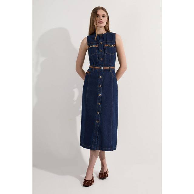 Denim & Faux Leather Tipping Sleeveless Midi Dress - Dark Wash