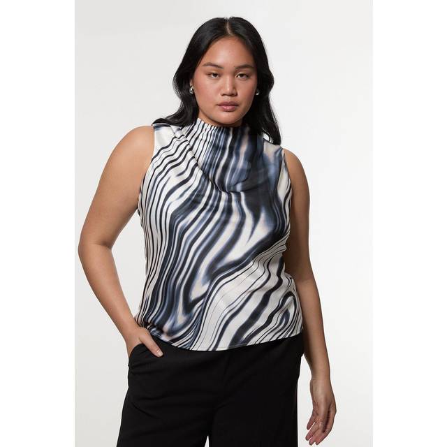Plus Size Graduated Stripe Viscose Satin Sleeveless High Neck Blouse - Mono