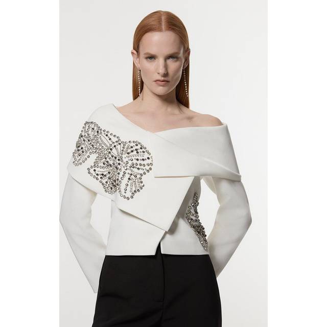 Placed Floral Crystal Embellished Tailored Asymmetric Jacket - Ivory