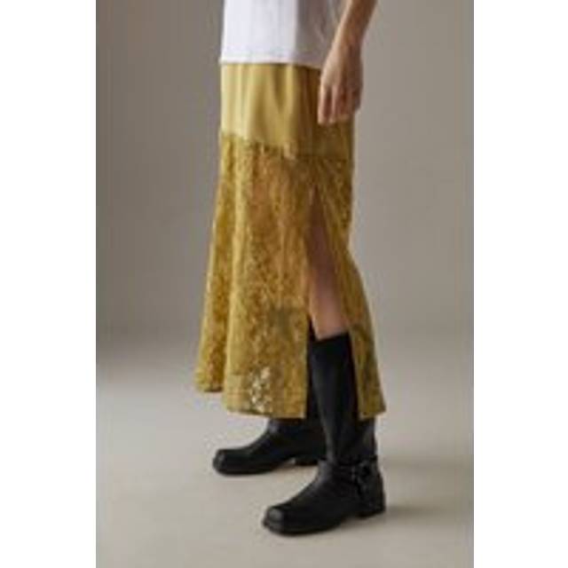 Satin Lace Mix Maxi Skirt - Olive - 12