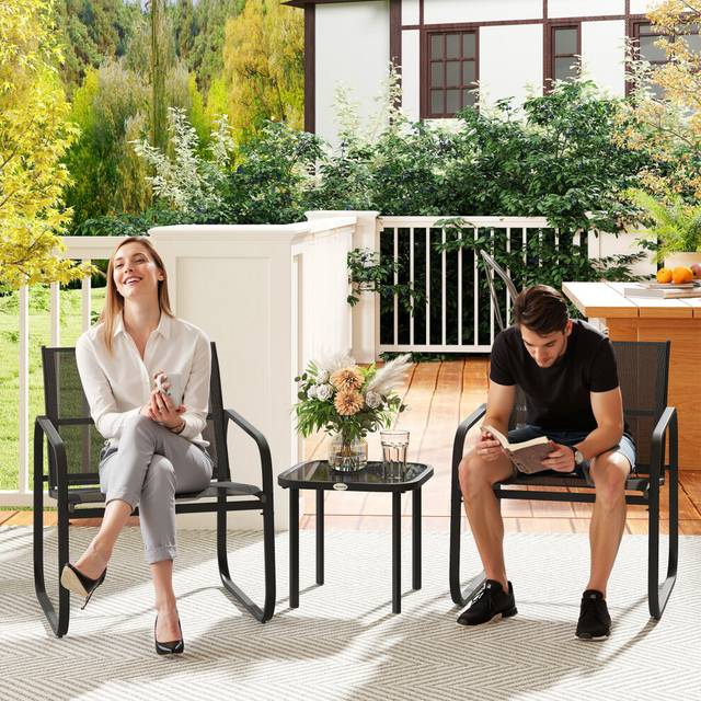 Outsunny Garden Bistro Set, 3 Piece Metal Garden Furniture Set with Mesh Chairs and Square Glass Top Table, Small Balcony Furniture for Outdoor, Patio