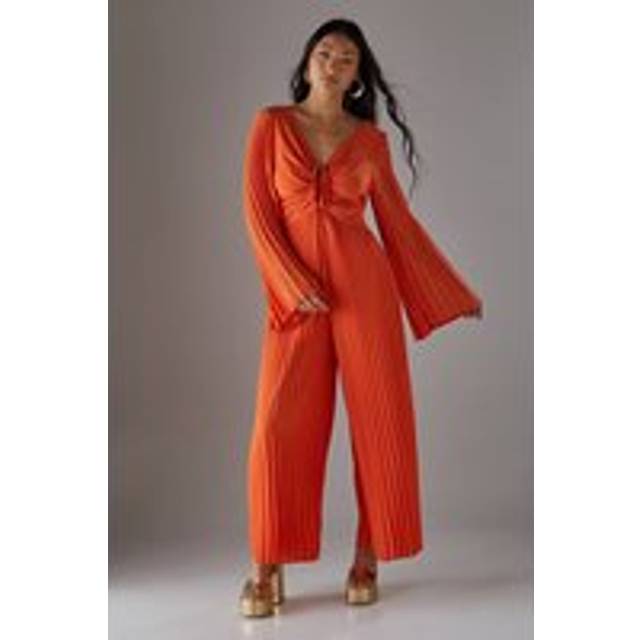 Womens Petite Chiffon Pleated Keyhole Flared Sleeve Jumpsuit - Orange - 16