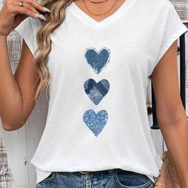 Luneh Casual Minimalist Faux Denim Heart Sequin Print V-Neck Fitted Women T-Shirt, Suitable For Plus Size Summer