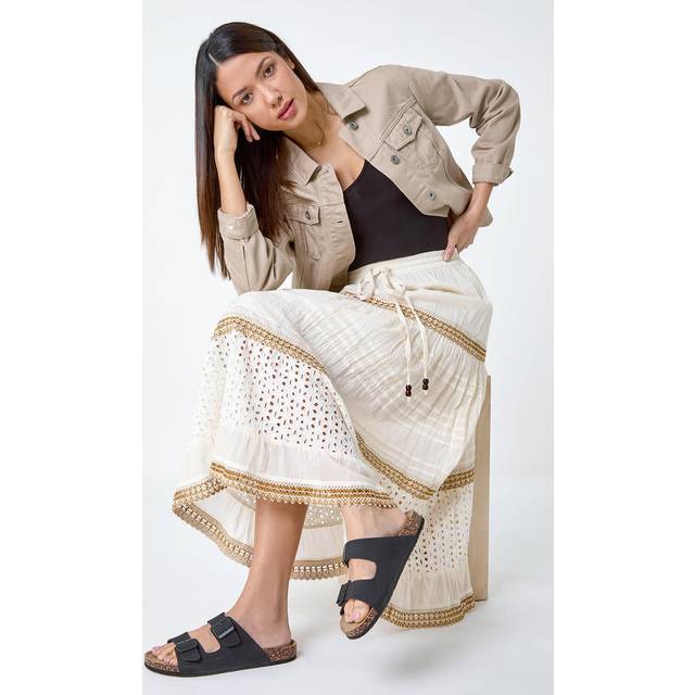 Roman Ivory Broderie Cotton Tiered Maxi Skirt - Size 14