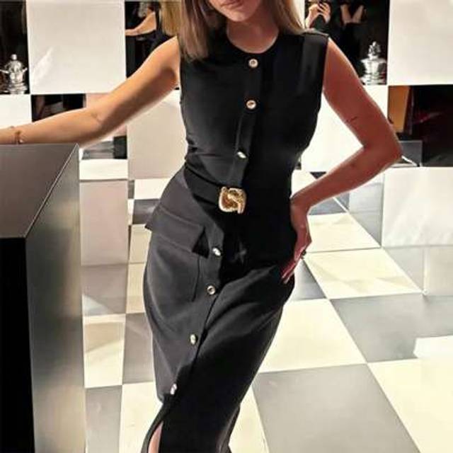 SHEIN Elegant Mid-Calf O-Neck Single Breasted Sleeveless Pocket Front Slit Dress, Women, Spring/Summer, Solid Black