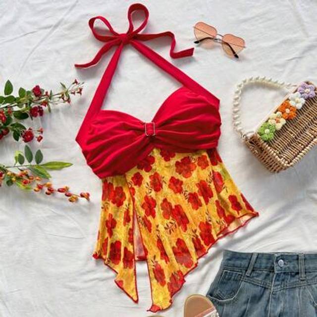 Tropiskt blommönster för kvinnor med omlott knythals ärmlös blus, med asymmetrisk volangfåll, helgdag, datum, vardagligt eftermiddagste, fest, musikfe - Gul (L,M,S,XS)
