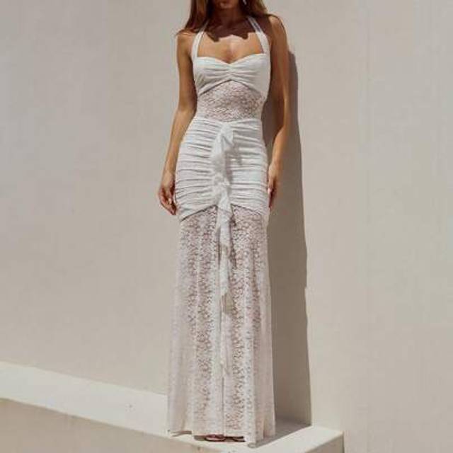 SHEIN White Double Layers Deep V Neck Backless Bodycon Long Party Dress Women Bridesmaid Dresses