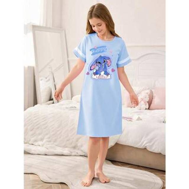 SHEIN Girls&#39; Casual Long Dress, Round Neck Short Sleeve, Blue Rabbit Print & White Stripe, Knitted Fabric, Comfortable Sleepwear