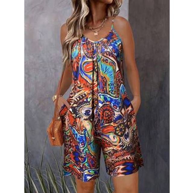 SHEIN Women&#39;s Beach Outfits Vibrant Paisley Print Strappy Sleeveless Romper, Summer Wide Leg Jumpsuit For Women(S-XXL), Casual Sleeveless One Piece For Vaca