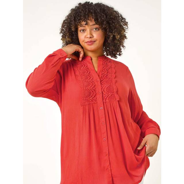 Roman Curve Red Lace Trim Pintuck Blouse - Size 16