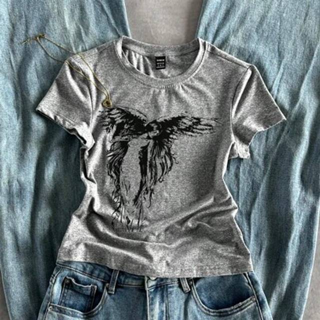 StreetHx Women&#39;s Grey Angel Wing Punk Subculture Short Sleeve Cropped T-Shirt, Summer