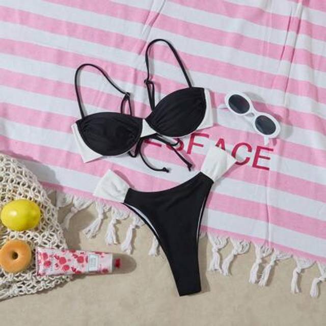 SHEIN New Solid Color European & American Style Beach Bikini Set