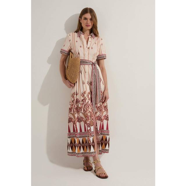 Cotton Sateen Placed Print Woven Midi Shirt Dress - Tan - 6