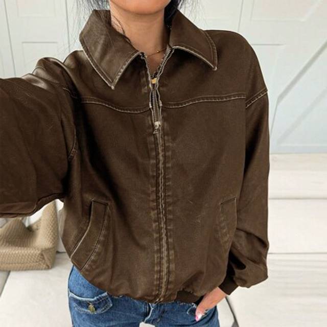 SHEIN Plus Size Distressed Faux Leather Jacket With Lining, For Autumn/Winter