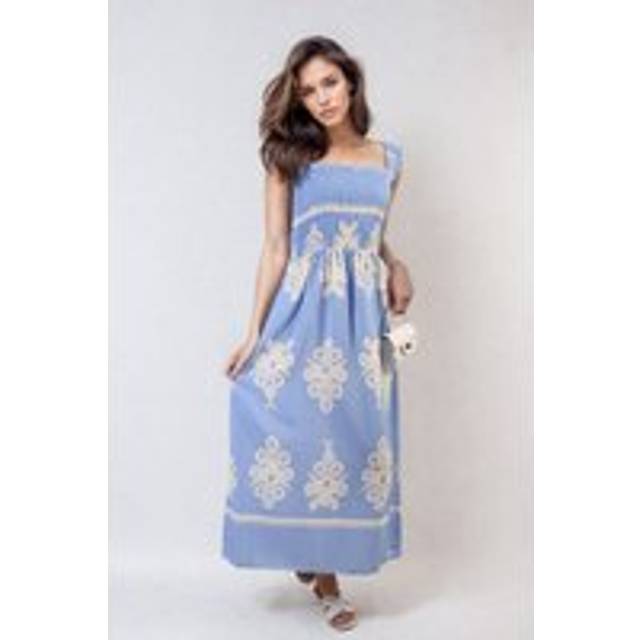 Aliah Smocked Sleeveless Flowy Tribal Print Summer Maxi Dress - Blue - S/M