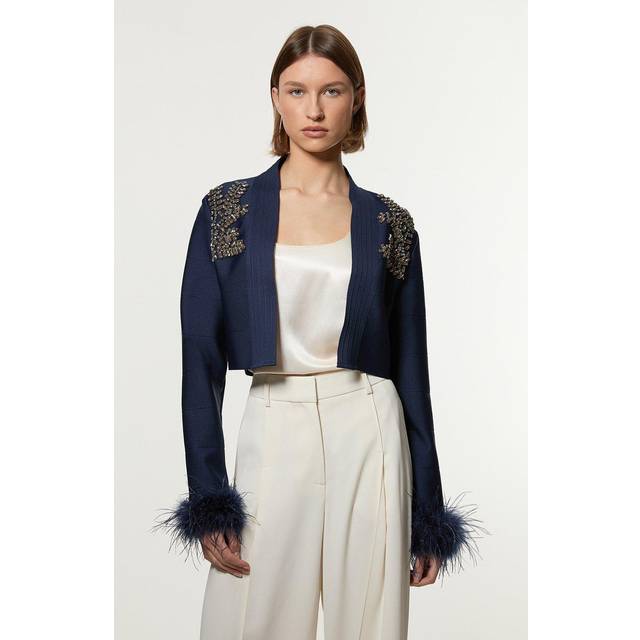 Figure Form Bandage Embellished Feather Cuff Crop Knit Jacket - Navy