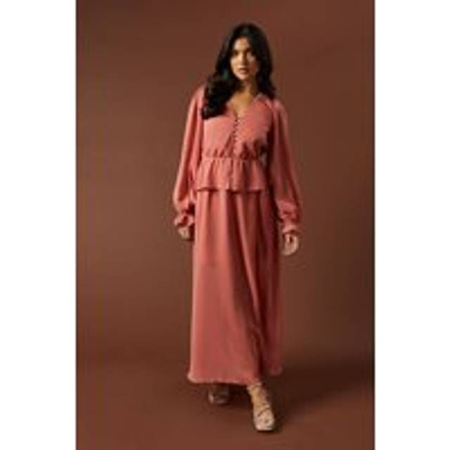 Buttoned Peplum Hem Maxi Dresspink - Pink,Blue - 16,14,12,10,8,6