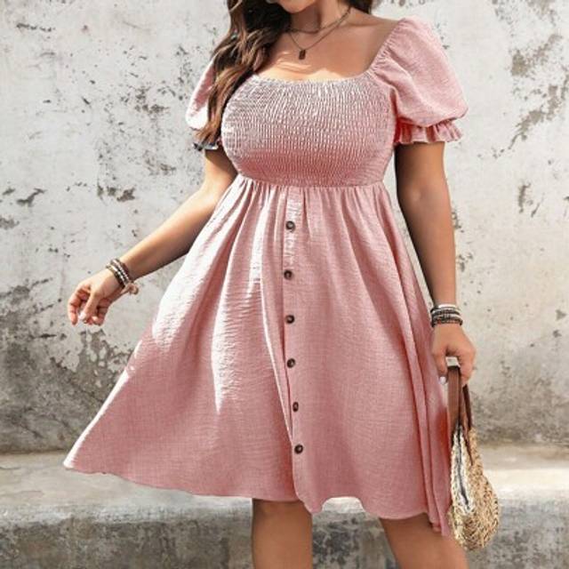 SHEIN Plus Size Women Denim Effect Colorblock Puff Sleeve Dress With Front Button Decoration