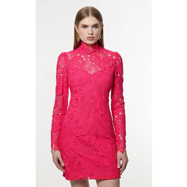 Guipure Lace High Neck Woven Mini Dress - Pink