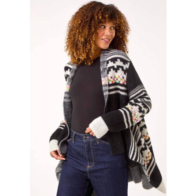 Pattern Fluffy Knit Cardigan - Black - 16