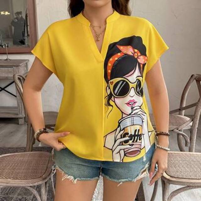 Luneh Plus Size Women Girl Portrait Print Yellow Short Sleeve Blouse Western Wear Women Boho Bohemian 90s Clothes Festival Summer Going Out Spring Outfits F