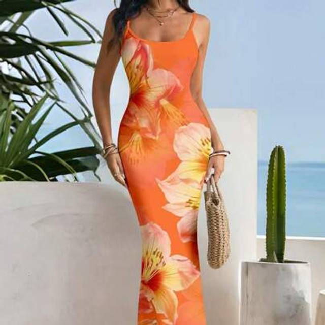 SHEIN Orange Floral Print Elegant Vacation Beach Romantic Bodycon Women&#39;s Spaghetti Strap Dress For Summer