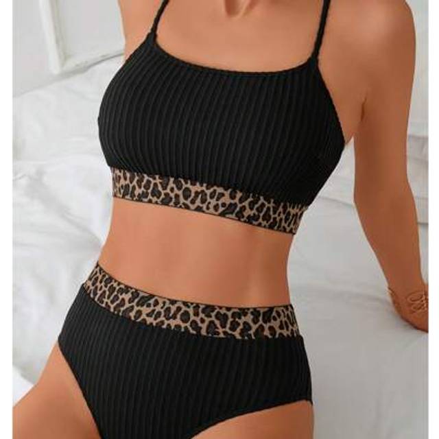 SHEIN 1pc Women 2 Pieces Spaghetti Strap Bikini Swimwear Set, Special Fabric Leopard Print Strap Patchwork Design, Fashionable Casual Swimming Costume