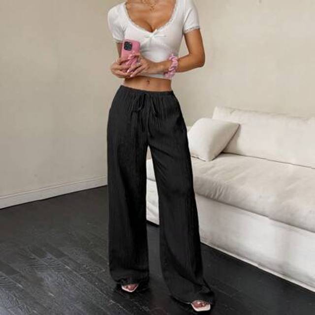 Flirla Women&#39;s Casual Plain Slant Pockets Textured Long Pants
