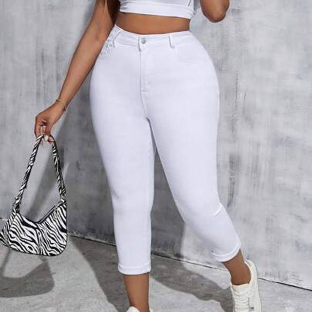 SHEIN Plus Size Women White Stretch Denim Skinny Cropped Jeans Summer, Vacation Outfits Woman, Easter, Spring, Western, Office Outfits For Women, Rave Outfi