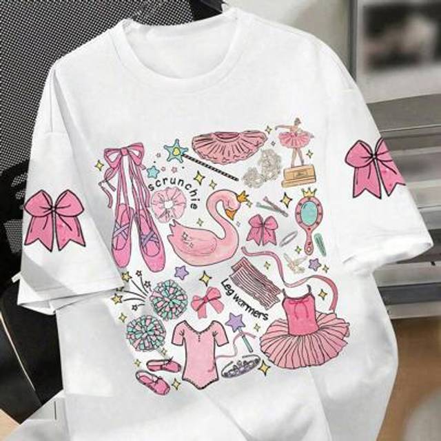 SHEIN Tween Girl Ballet Elements And Bow Print Crew Neck T-Shirts Summer Girl&#39;s Casual Tee Soft Tops