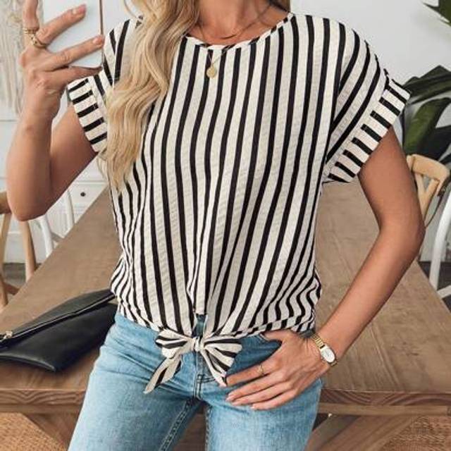 Luneh Women Casual Solid Color Tie Front Short Sleeve Blouse, Basic Daily Outfit, Spring/Summer