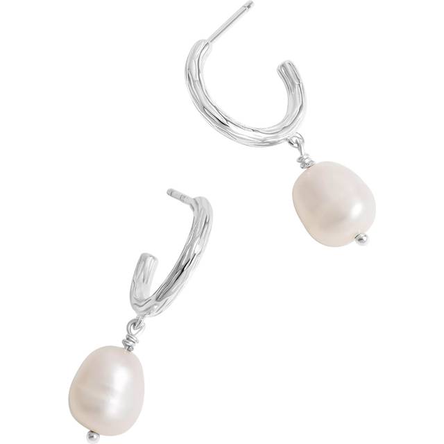 Sterling Silver 925 Polished Textured and Pearl Hoop Earrings - One Size