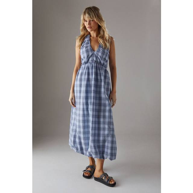 Womens Check Halter Open Back Puff Ball Midi Sundress - Blue - 12