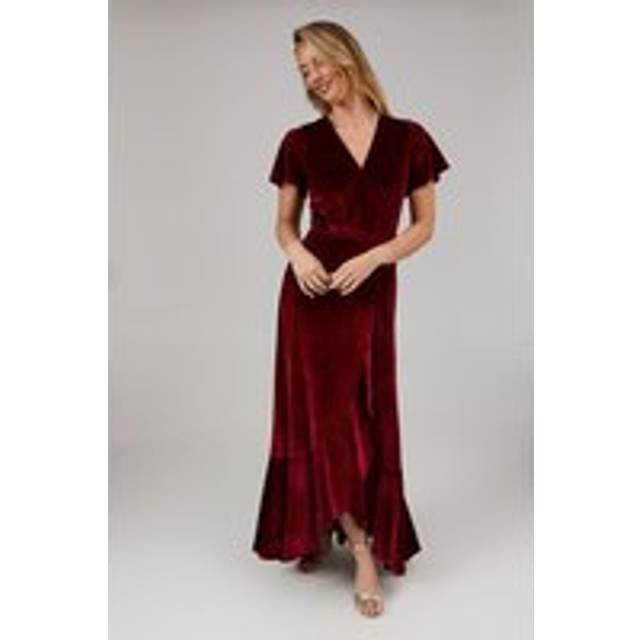 Debut london womens bridesmaid dress merlot velvet angel sleeve waterfall detail