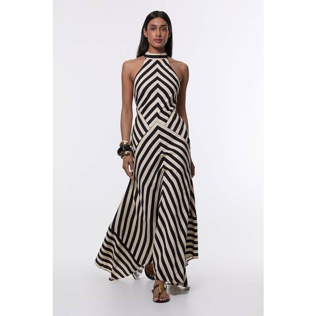Mono Fluid Stripe Cotton Mix Woven Maxi Halter Dress - Mono