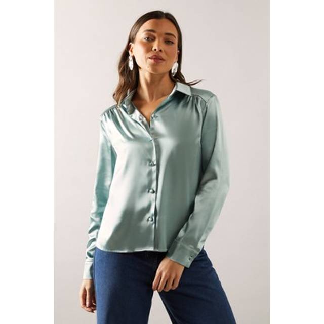 Womens Petite Button Front Satin Shirt - Sage - 14