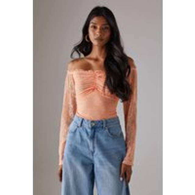 Warehouse Women's Lace Bardot Bow Detail Bodysuit in Peach | Size: 10