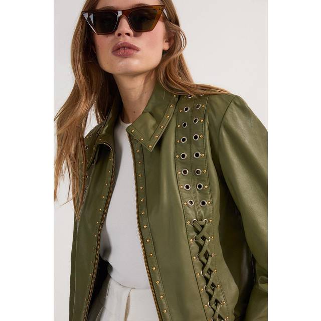 Leather Eyelet And Lace Trim Collared Jacket - Light Green