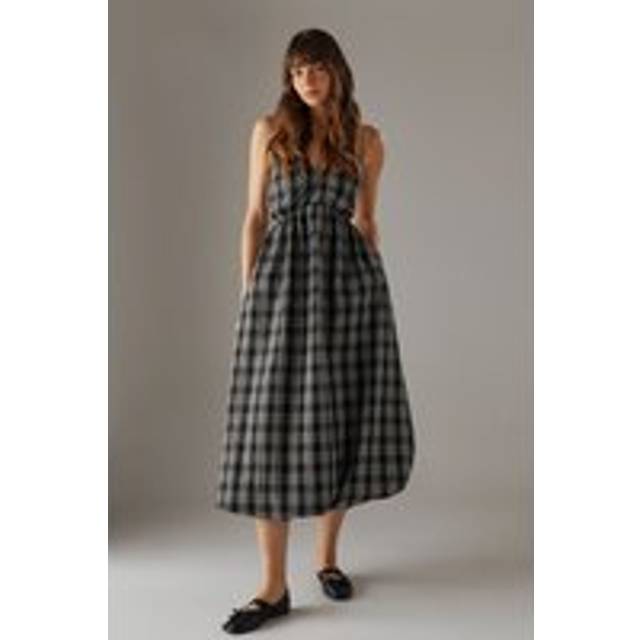 Womens Check Halter Open Back Puff Ball Midi Sundress - black - Black - 16