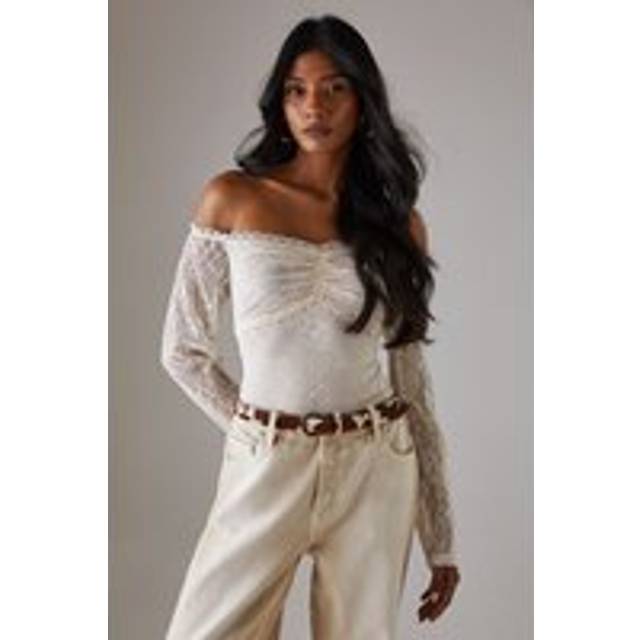 Womens Lace Bardot Bow Detail Bodysuit - cream - Cream - 8