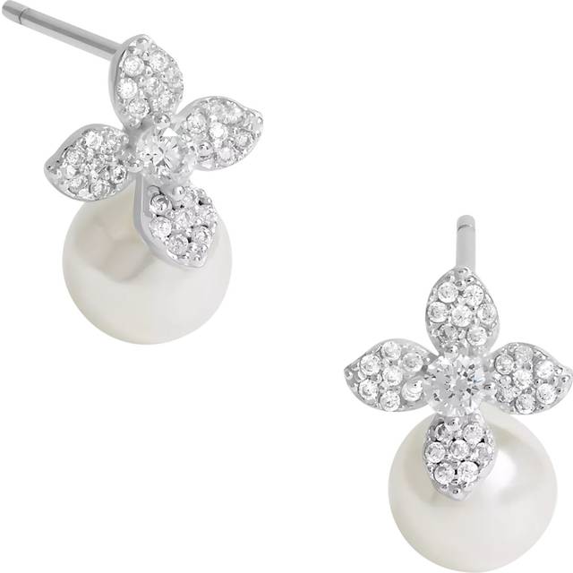 Simply Silver Simply Silver Sterling Silver 925 Cubic Zirconia Flower and Pearl Drop Stud Earrings