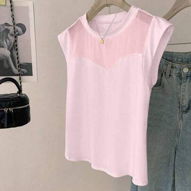 Franclia French Style Sexy Sheer Mesh Patchwork Short Sleeve T-Shirt For Women, Summer