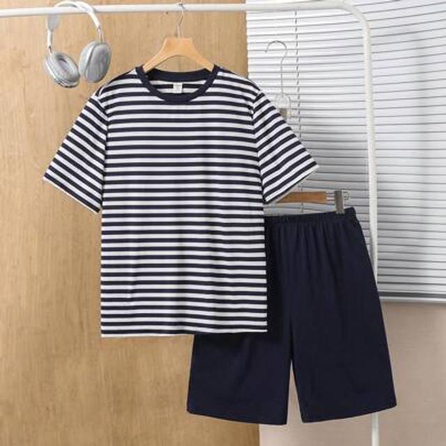 SHEIN 2pcs/Set Teen Boys&#39; Casual Striped Short Sleeve Top And Loose Shorts Set, Summer Pajama / Loungewear