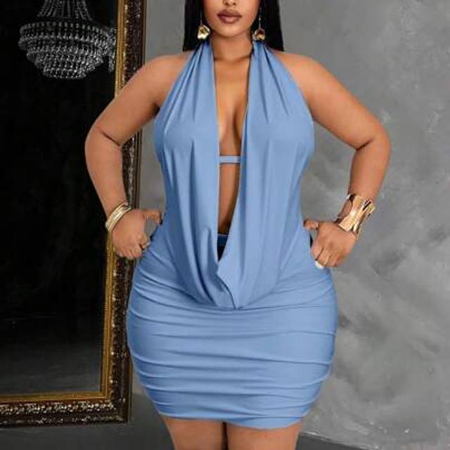 Maweii Plus-Size Lady Solid Color Swing Neck Wrap Hip Summer Fits Prom Mini Dress