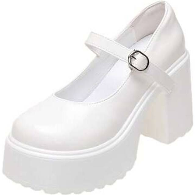 SHEIN Women Chunky Heeled Mary Jane Pumps, Elegant Outdoor White Pumps