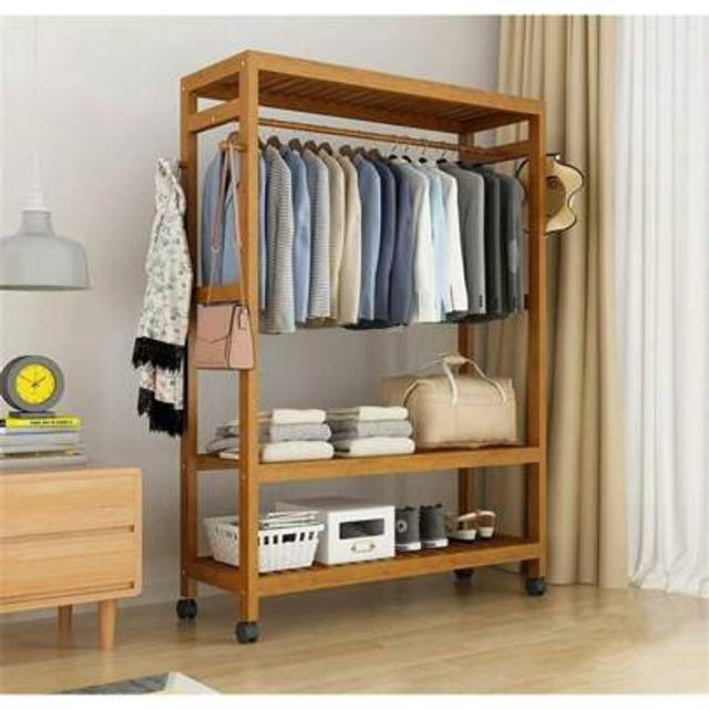 SHEIN Heavy Duty Wooden Clothes Rail Rack Garment Hanging Stand Corner Open Wardrobe